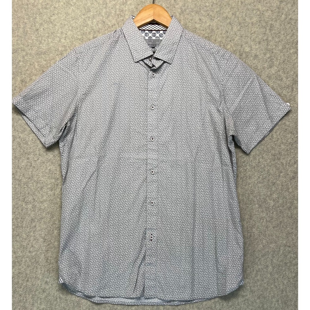 Ted Baker London Mens Button-Up Shirt Gray Classic Geometric Shortโ Sleeve 3/M